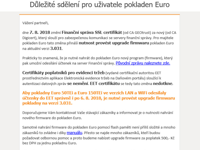 Důležité sdělení pro uživatele pokladen Euro